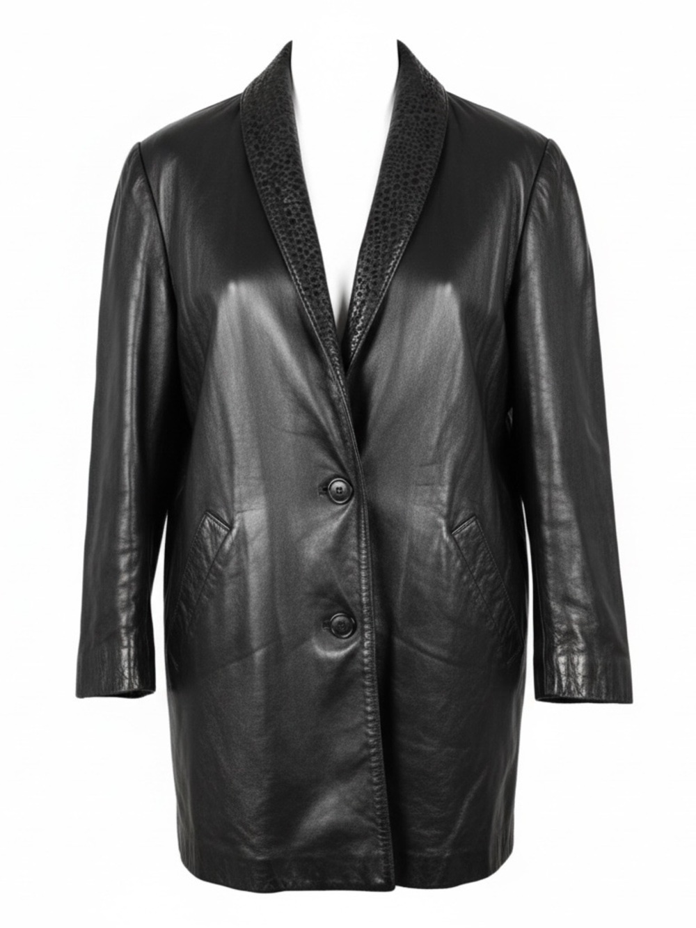 Vintage 80’s Women’s  Black Leather Coat withShawl Collar
